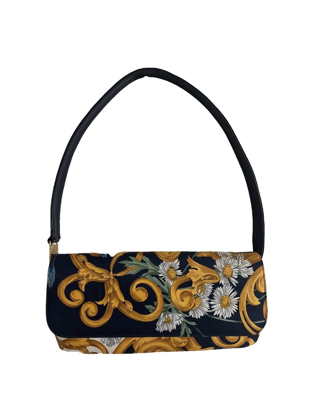 Vintage Stuart Weitzman Silk Mini Shoulder Bag with Gold Scroll and Floral Print